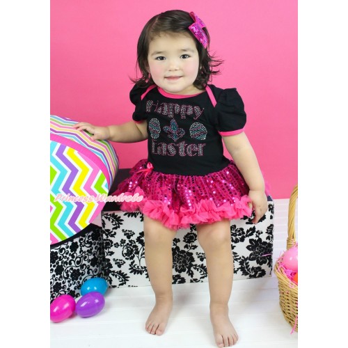 Easter Black Baby Bodysuit Bling Hot Pink Sequins Pettiskirt & Sparkle Rhinestone Happy Easter Print JS4400